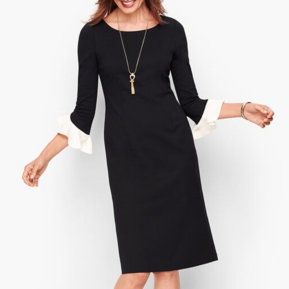 Talbots Women's Black White Flounce Sleeve Ponte Knee-Length Sheath Dress 10 NWT